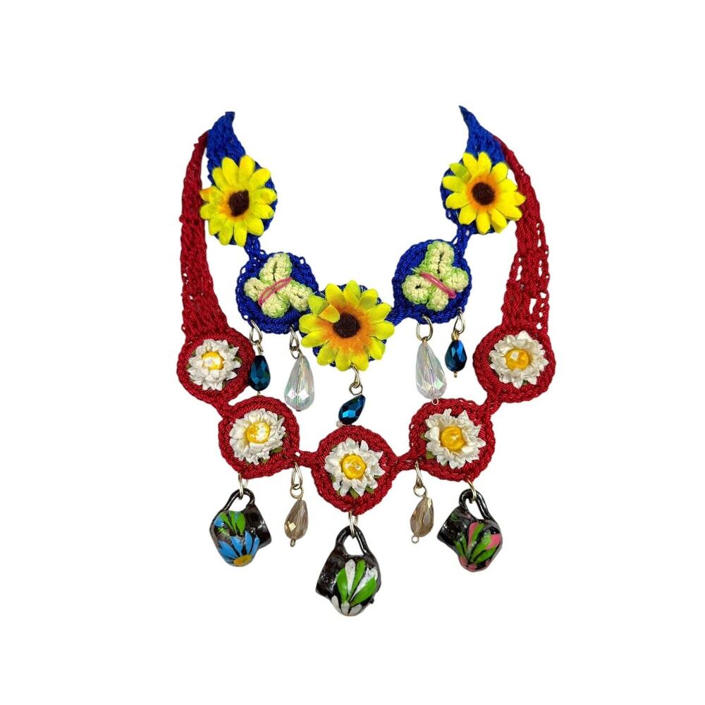 Mexican Handmade Crochet Clay Artisan Red & Blue Flower Butterfly Necklace Lot